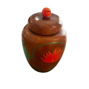 Vintage Handmade Turned Wood Ginger Jar Hand Painted Floral